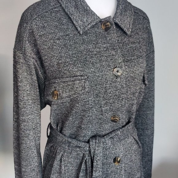 Tweed Style Fall Jacket Button Down Belted Heathered Grey Knit Pockets Cuffs - Picture 3 of 11